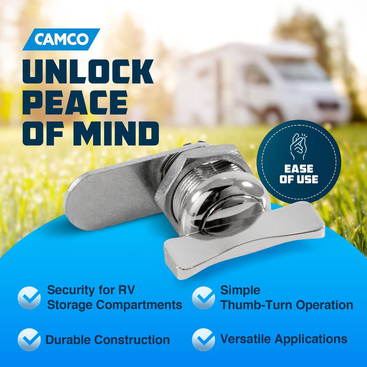 CAMCO 44333 Camco 44333 Steel RV Easy Turn Thumb Operated Style Offset Cam Lock for Recreational Vehicle Installation, Fits up to 5/8 Inches Thick