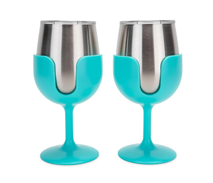 CAMCO 53484 Camco Life is Better at The Campsite Stainless Steel Wine Tumbler 2-Pack - Features Heavy Duty Double Wall Vacuum Insulation & Removable Navy, Red, Green & Yellow Stems - Holds 8-oz Each - Blue(53484)