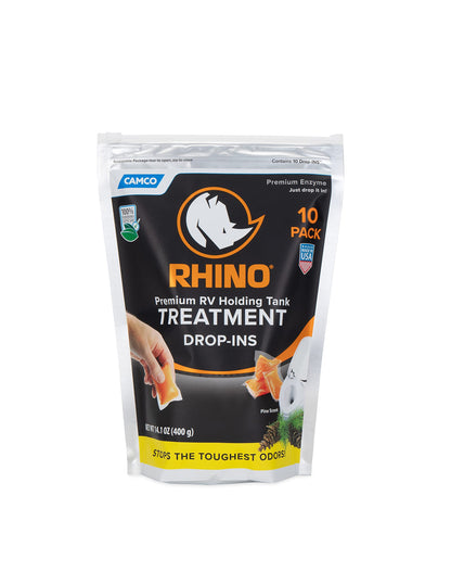 CAMCO 41519 Camco RhinoFLEX Premium Enzyme RV Holding Tank Treatment Drop-INs | Features a Biodegradable Septic Safe Formula, a Pine Scent, and is Ideal for RVing, Boating, and More | 10 Count (41519)