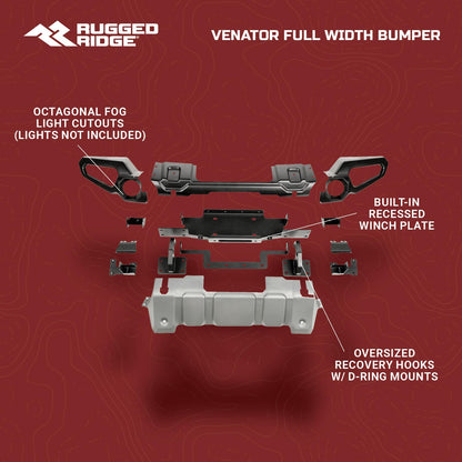 RUGGED RIDGE 11549.42 Rugged Ridge Venator Bumper, Front for Jeep Wrangler/Gladiator | Full Width w/Winch Tray, Steel, Black | 11549.42 | Fits 2018-2025 Jeep Wrangler JL; 2020-2025 Jeep Gladiator JT