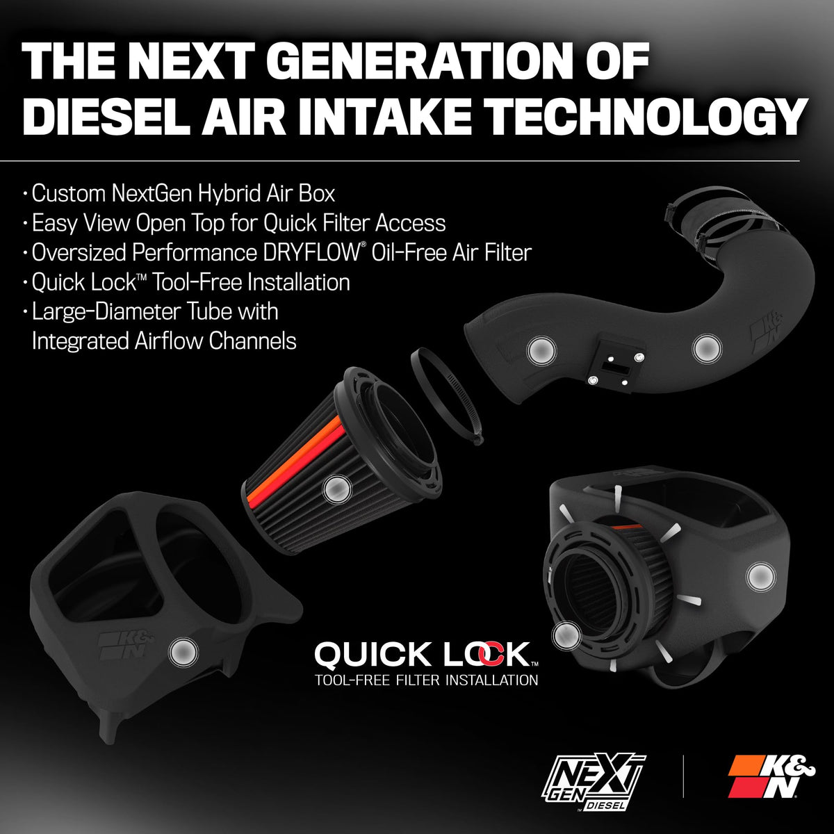 K&N FILTER 50-2600D K&N NextGen Diesel Dryflow Cold Air Intake: Compatible with 2017-2019 FORD; F250; F350; F450; F550; 50-2600D