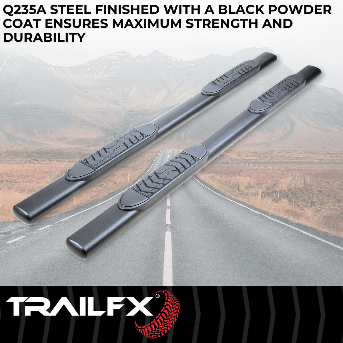 TRAILFX A7103T Trail FX Nerf Bar A7103T, 5 Inch Oval Bent, with Step Pads, Rocker Panel Mount, Powder Coated, Black, Steel, with Welded End Caps, Fits 2024-2025 Toyota Tacoma Double Cab