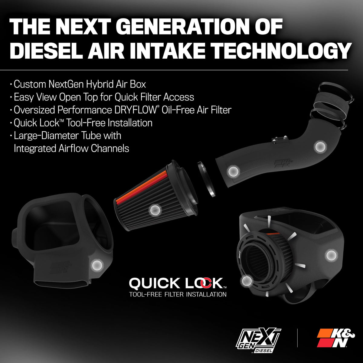 K&N FILTER 50-2613D K&N NextGen Diesel Dryflow Cold Air Intake: Compatible with 2020-2026 FORD; F250; F350; 50-2613D