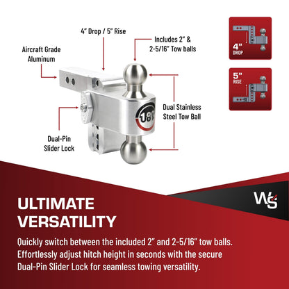 WEIGH SAFE LTB4-2-KA Weigh Safe 180-Degree Trailer Hitch - Adjustable Trailer Hitch for Towing - Compatible with 2" Receivers - 4" Drop, Stainless Steel Tow Balls, 12,500 GTW, 2-Piece Lock Set