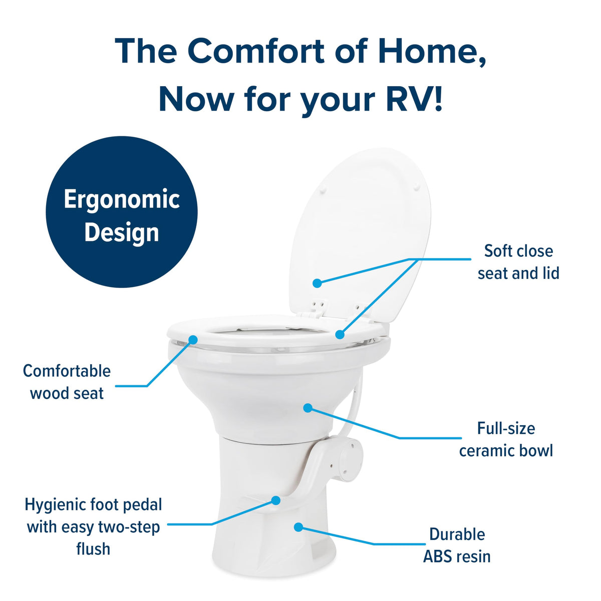 CAMCO 41710 Camco Premium Ceramic Camper/RV Toilet - Features Gravity Flush System with Convenient Foot Pedal & Full-Sized Ergonomic Design with 18" Chair Height - Soft-Close Wood Seat & Lid - White (41710)