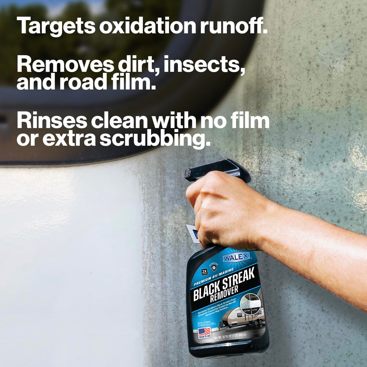 WALEX WALBS32 Walex Premium RV/Marine Black Streak Remover - Powerful Exterior Cleaner for RVs, Campers, and Boats, Restores Original Shine, Removes Tough Stains & Scuff Marks, Easy Application, 32 oz