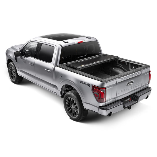 TRAILFX TFX8000 TrailFX Hard Tri-Fold Tonneau Cover Fits 2021-2025 Ford F-150 5.5 Foot Bed Hard Folding Cover 3 Folds 3 Panels Lockable Tailgate Handle Gloss Black Textured Aluminum Clamp-On Installation