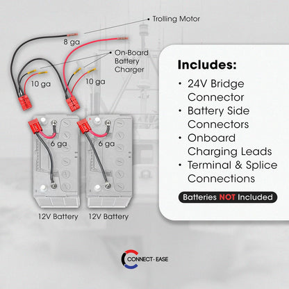 CONNECT EASE RCE24VBCHK Connect-Ease 24V Trolling Motor Connection Kit RCE24VBCHK | Series Connection for 12V Batteries with Onboard Charging Charger Leads | Marine-Grade Components | Plug & Play | Batteries Not Included