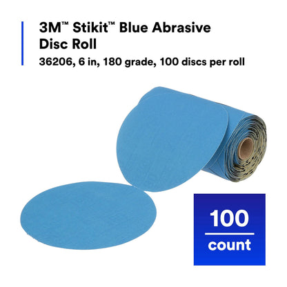 3M 36206 3M Stikit Blue Abrasive Disc Roll, 321U, 36206, 6 in, 180+ Grade, No Hole
