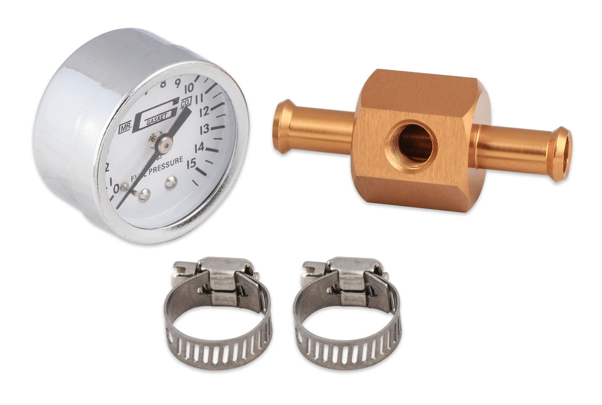 MR GASKET 1560 Mr. Gasket Fuel Block With 0-15 PSI Pressure Gauge, Silver, 1.500 in.