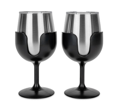 CAMCO 53485 Camco Life is Better at The Campsite Wine Tumbler – Heavy Duty Double Wall Vacuum Insulation – Crafted of 18/8 Stainless Steel – Features Removable Black Stems – 2-Pk, 8-oz/Each (53485)