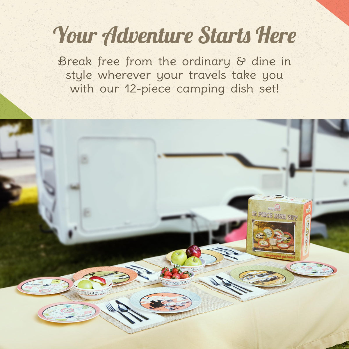 CAMP CASUAL CC-001 Melamine Plates & Bowls Set - 12-Piece Dish Set for Indoor & Outdoor Dining - BPA Free, Top Shelf Dishwasher Suitable Dinnerware Set - Sturdy Melamine Dinnerware Sets - Camping Dishes by Camp Casual