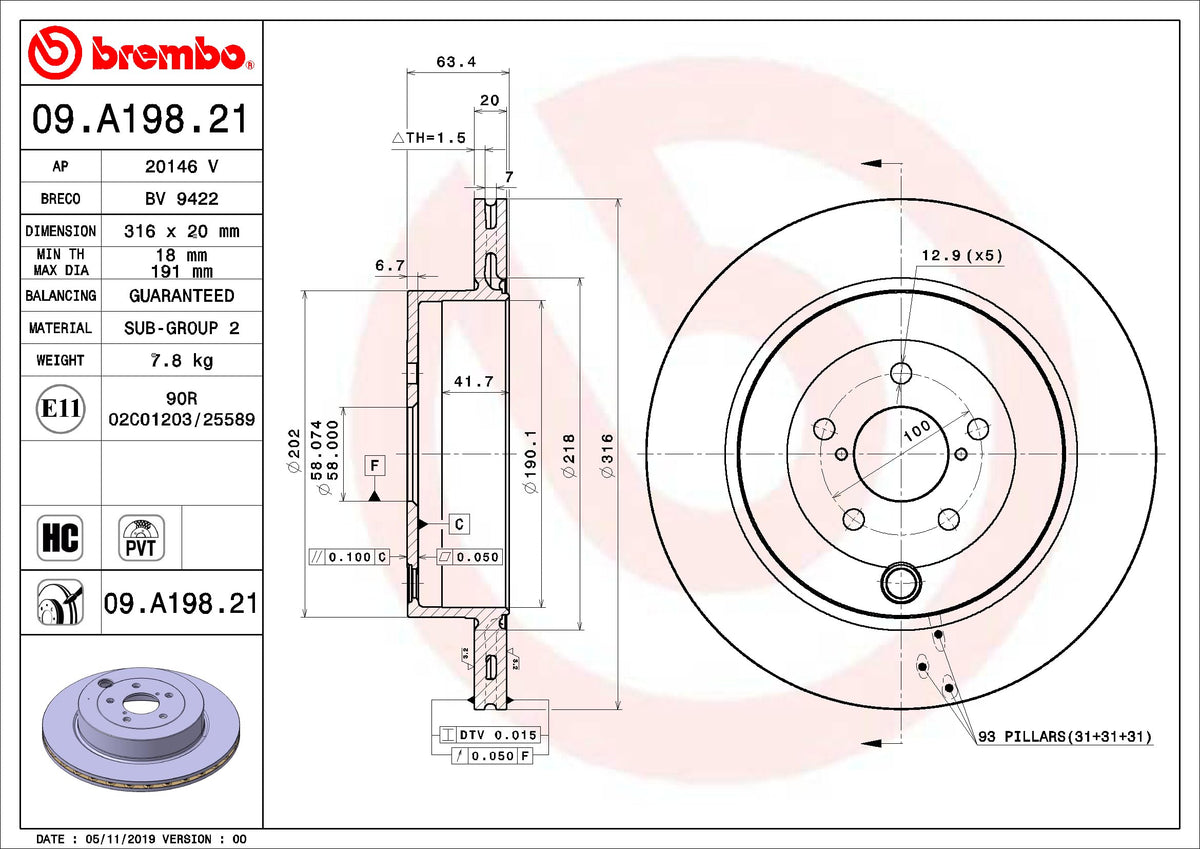 Brembo 09.A198.21 UV Coated Pillar Vented Rear Brake Rotor SUBARU