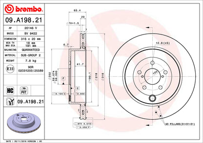 Brembo 09.A198.21 UV Coated Pillar Vented Rear Brake Rotor SUBARU