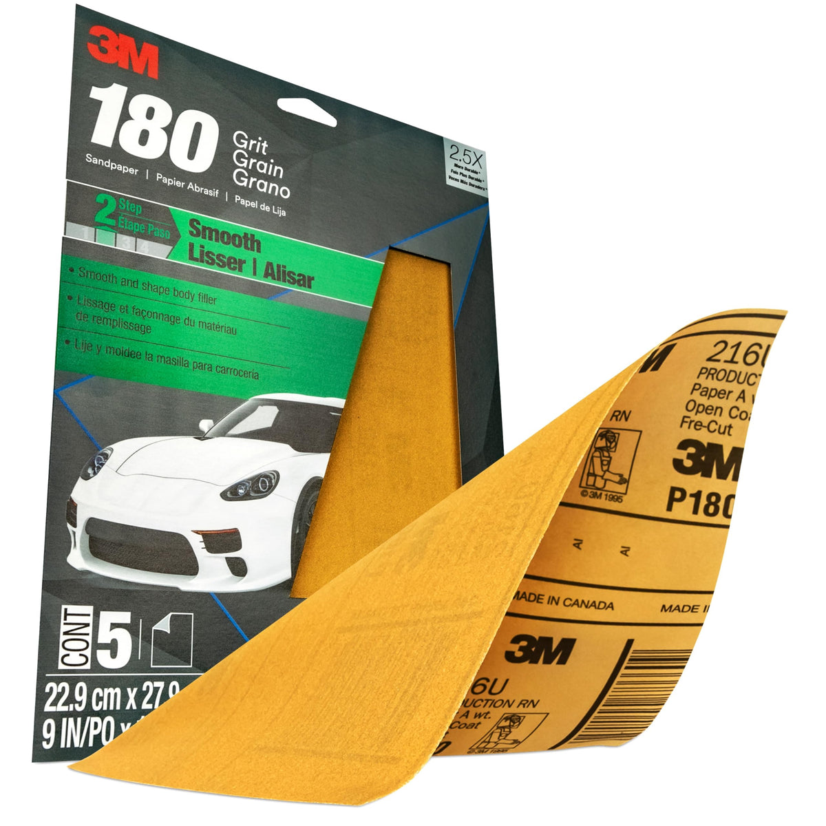3M 32545 3M Sandpaper, 180 Grit, 5 Sheets, 9 in x 11 in, Longer Lasting Super Strong Abrasive, Great For Smoothing Body Filler, Shaping Glaze & Spot Putty, For Hand Or Machine Sanding (32545)