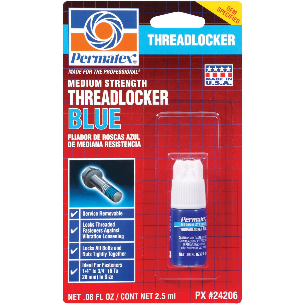 PERMATEX 24206 Permatex 24206 Medium Strength Threadlocker Blue, 2.5 ml, Automotive Threadlocker For Preventing Bolts From Loosening And Corrosion, Removable With Hand Tools