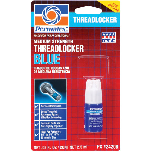 PERMATEX 24206 Permatex 24206 Medium Strength Threadlocker Blue, 2.5 ml, Automotive Threadlocker For Preventing Bolts From Loosening And Corrosion, Removable With Hand Tools