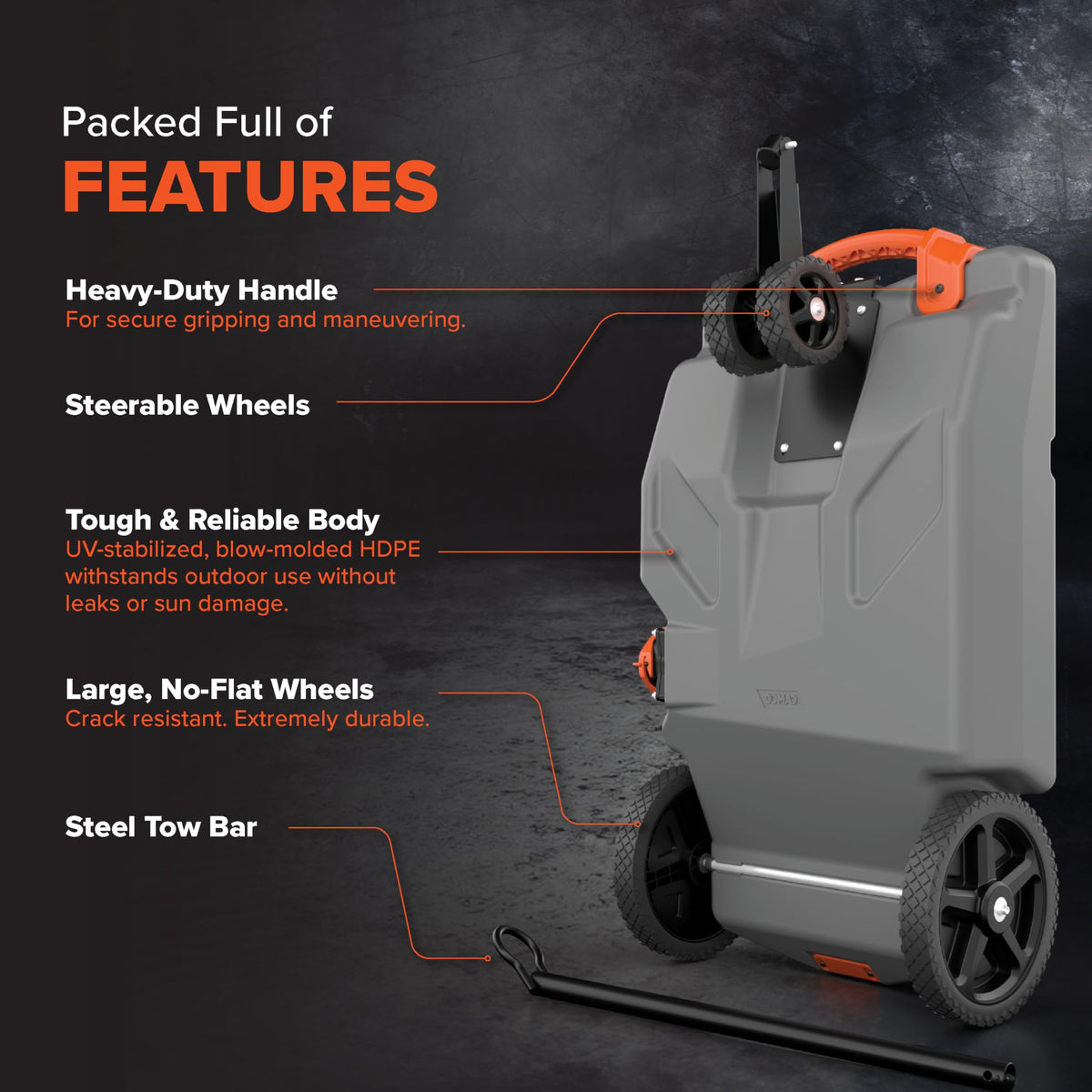 CAMCO 39007 Camco Rhino 36-Gallon Portable Camper/RV Tote Tank - Features 2 Steerable No-Flat Front Wheels & Built-in Gate Valve - Includes Removable 24" Tow Bar, 3’ Sewer Hose & More RV Accessories (39007)