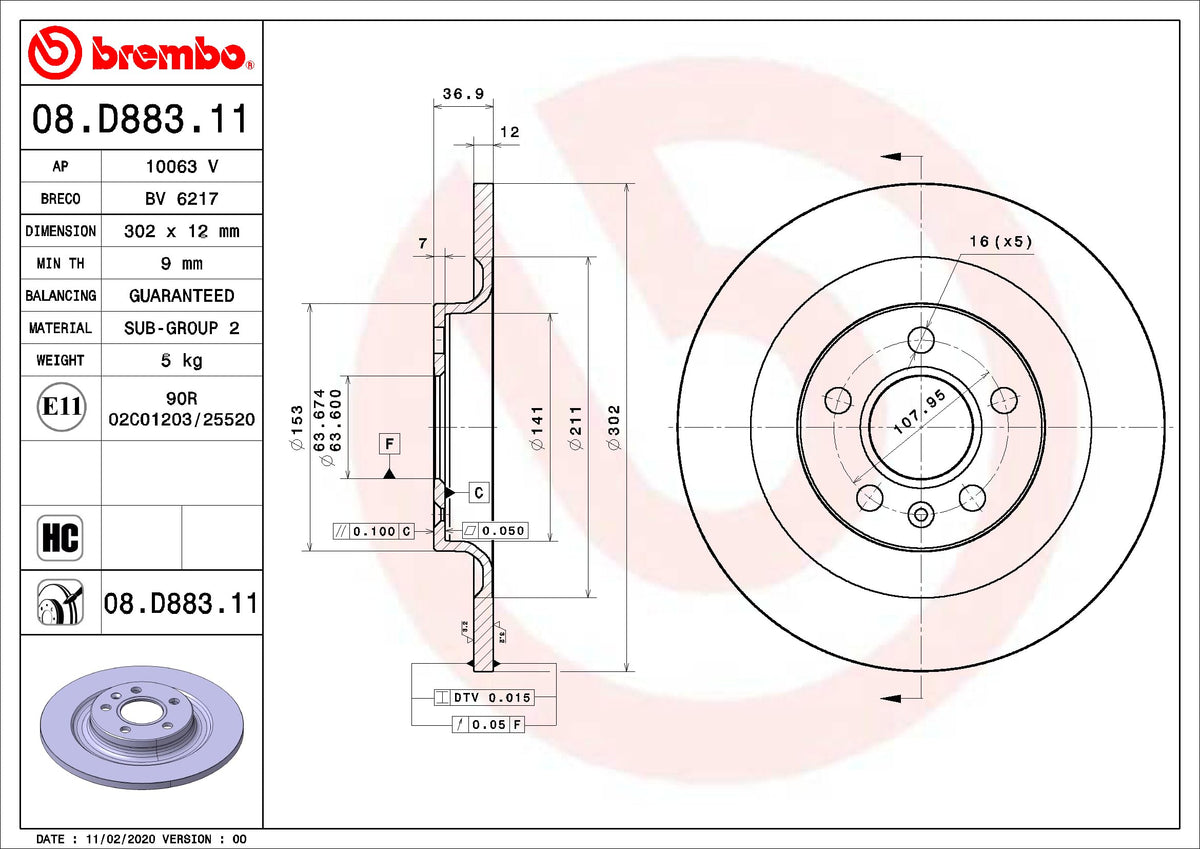BREMBO 08D88311C02 Brembo 08.D883.11 UV Coated solid Rear Brake Rotor VOLVO/VOLVO ASIA OE# 31471477