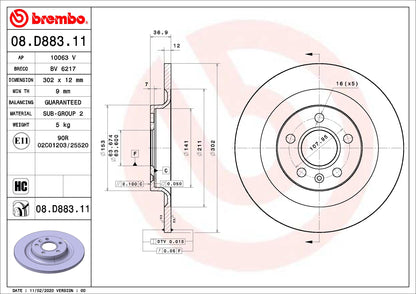 BREMBO 08D88311C02 Brembo 08.D883.11 UV Coated solid Rear Brake Rotor VOLVO/VOLVO ASIA OE# 31471477