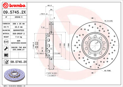 BREMBO 0957452XC02 Brembo 09.5745.2X Xtra UV Coated vented drilled Front Brake Rotor AUDI/AUDI (FAW)/HONGQI/SEAT/SKODA/VW/VW (SVW) OE# JZW615301F