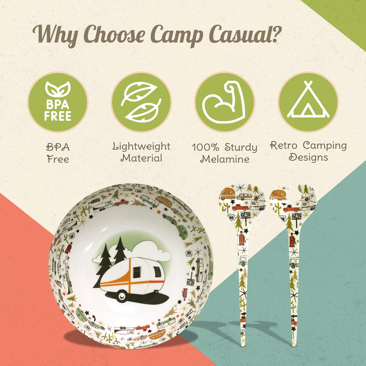 CAMP CASUAL CC-003 Camping Bowl with Servers Set - 11.8” x 11.8” Melamine Bowls for Salads, Popcorn, Fruits & More - BPA Free, Top Shelf Dishwasher Suitable Dinnerware Set for Indoor & Outdoor Dining by Camp Casual