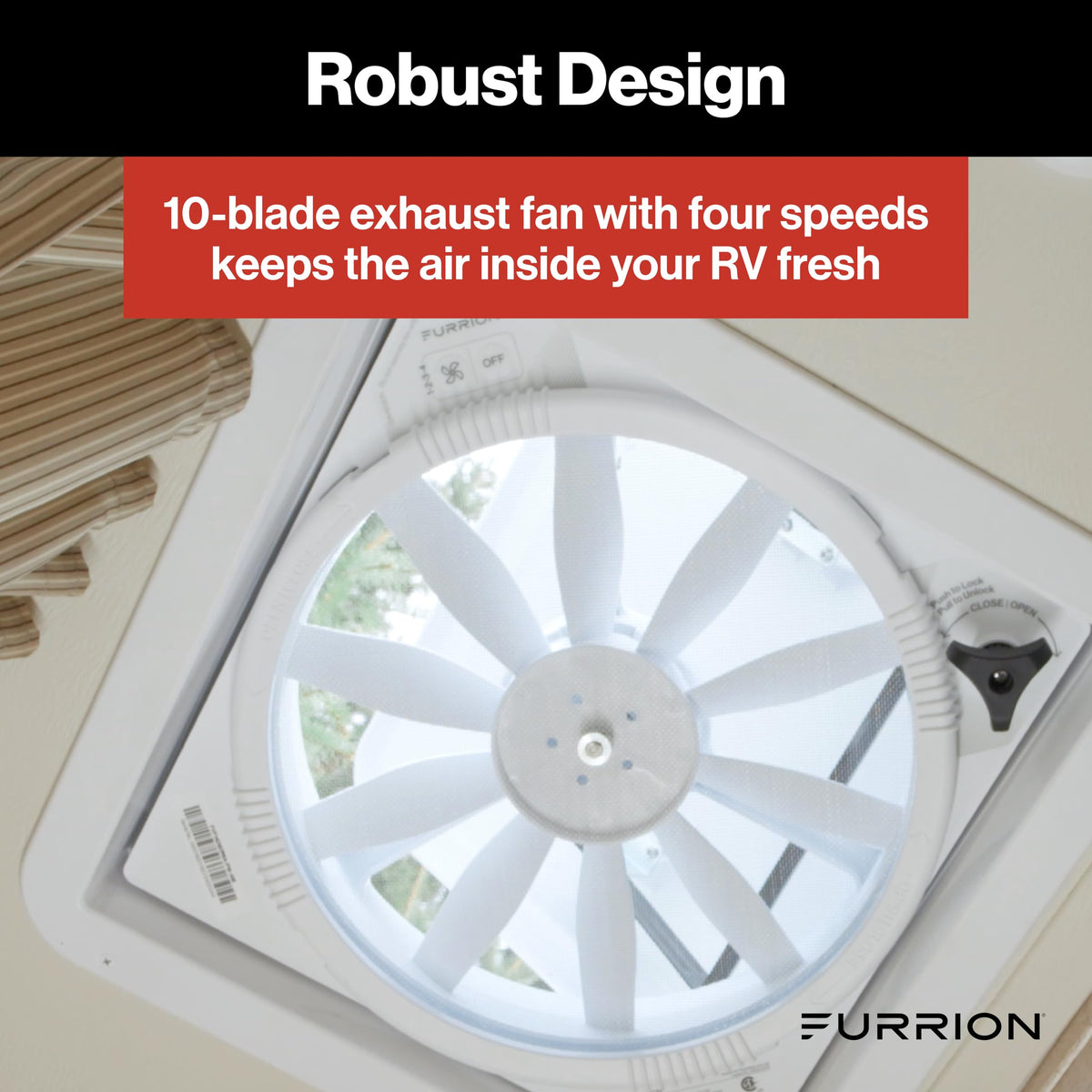 FURRION LLC FVF14D90R6A-PW-AM Furrion 10-Blade, 14" RV Rooftop Vent Exhaust Fan with Lid, Four Fan Speeds, Push-Button Controls, Removable Insect Screen, Flush-Mount Design for 2" to 7" Thick Roofs, White - FVF14D90R6A-PS-AM
