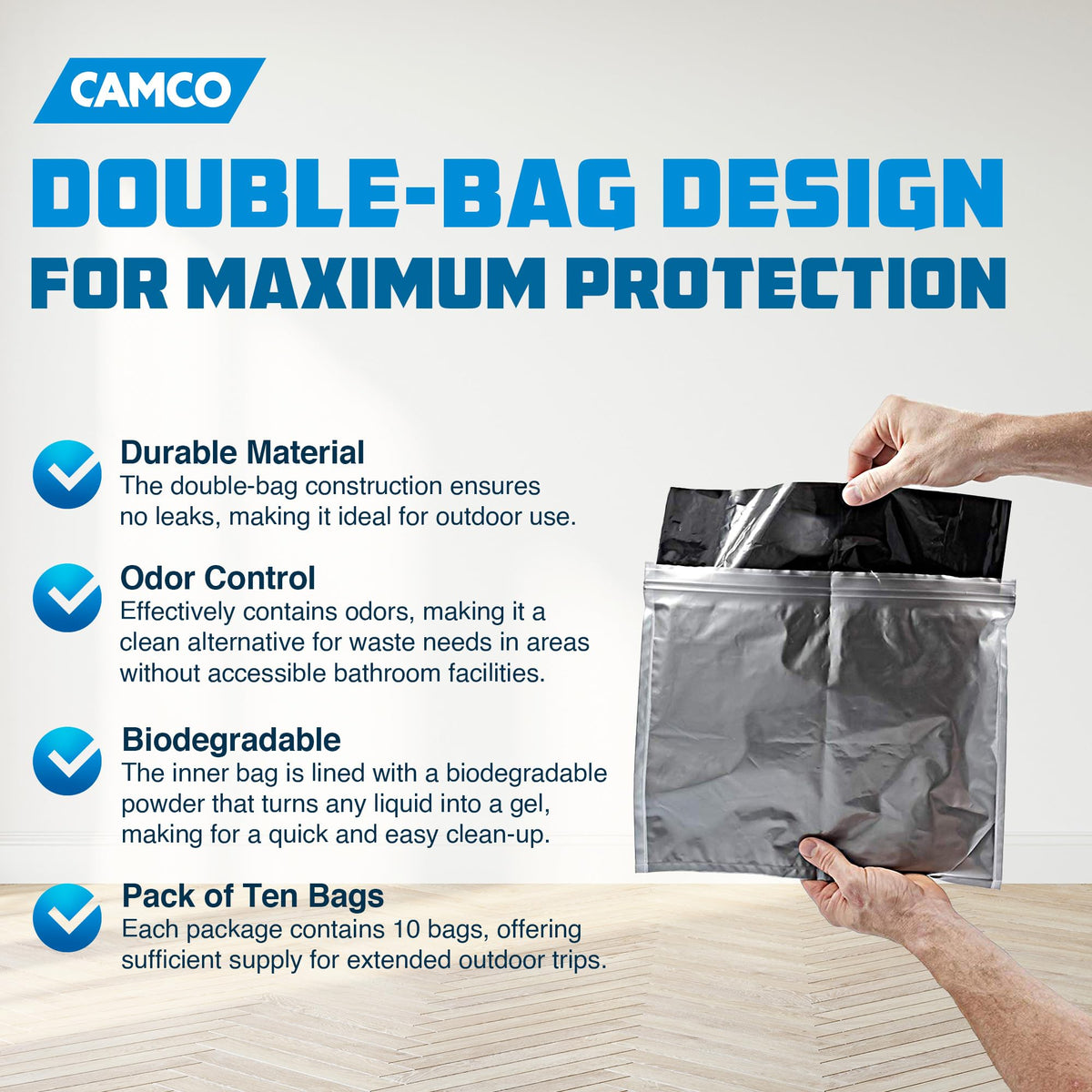 CAMCO 41548 Camco Toilet Waste Bags - Features a Biodegradable Powder & Leak Proof Double Bag Design - Great for Camping, RVing, Hiking, or Boating - 10-Pack (41548)
