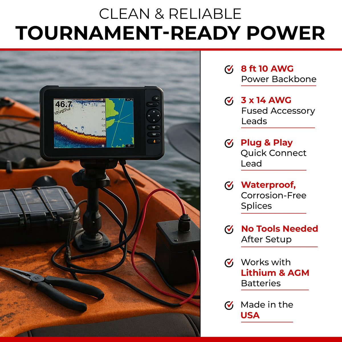 CONNECT EASE RCE12VGPYAK Connect-Ease Yak-Ease Kayak Wiring Harness Kit RCE12VGPYAK | 8-Foot 10 AWG Wire, 3 Fused Drops | Powers Fish Finder, GPS & Kayak Fishing Accessories | 12V Quick Connect Plug, Marine-Grade Wiring Kit