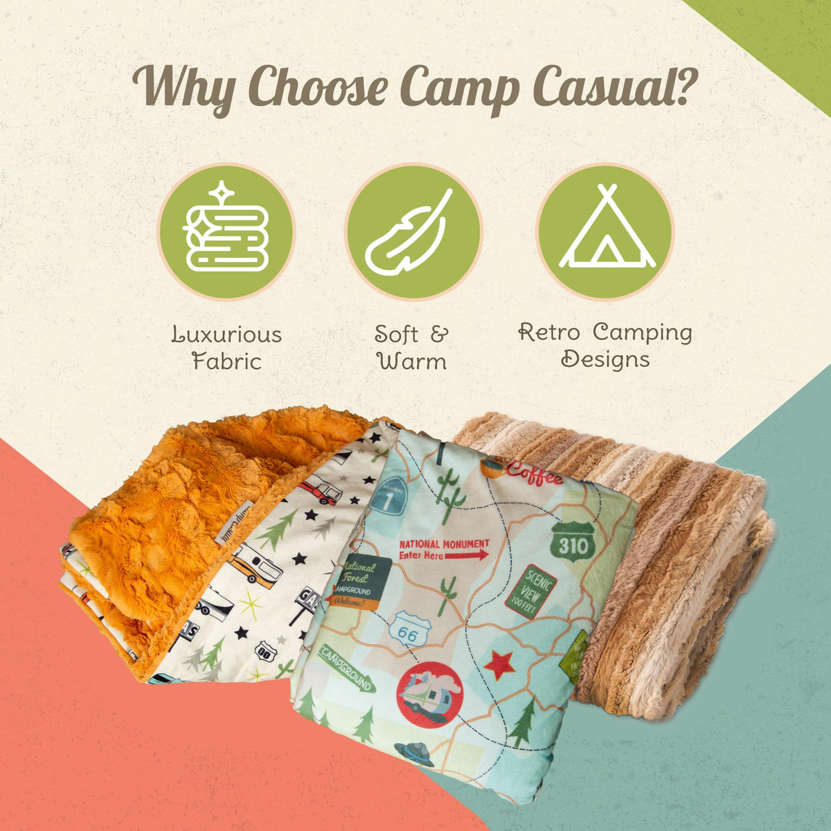 CAMP CASUAL CC-008BP Camp Casual Throw Blanket for Camping - Plush Reversible Camping Blanket for Indoor & Outdoor Settings - Machine Washable Soft Blanket - 100% Polyester Cozy Blanket with Retro-Inspired Patterns