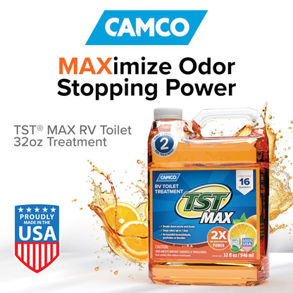 CAMCO 41192 Camco TST MAX RV Toilet Treatment 32 oz. - Control Unwanted RV Sewer Odors & Break Down Waste and RV Toilet Paper - Biodegradable Septic Safe Formula - Orange Scent (41192)