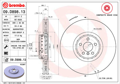 BREMBO 09D89813C02 Brembo 09.D898.13 Composite two piece UV Coated vented Brake Rotor BMW/ROLLS-ROYCE OE# 34106887398