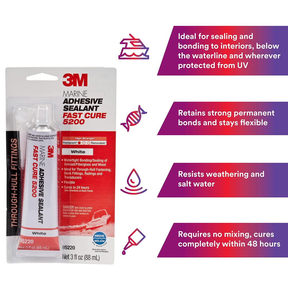 3M 05220 3M Marine Adhesive Sealant Fast Cure 5200 (05220) White, 3 fl oz Tube
