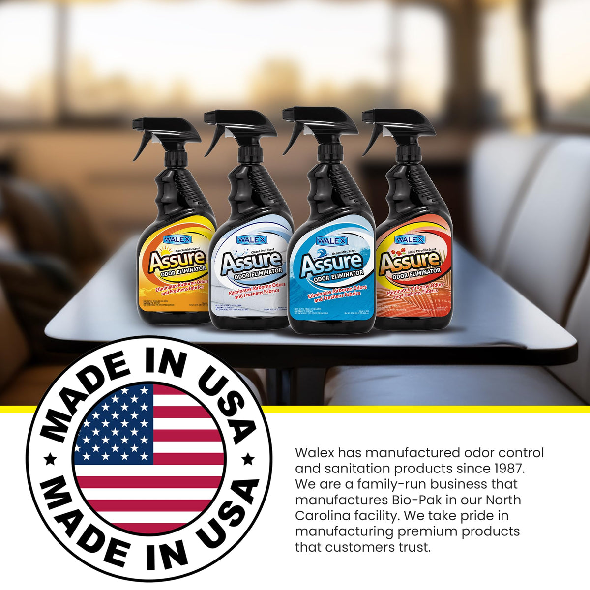 WALEX ASSURE32PS Walex Assure RV Odor Eliminator Air Freshener Spray - Neutralizes Airborne Odors & Freshens Fabrics, Instant Odor Elimination with Natural Essential Oils, Pet Safe, Long Lasting; Pure Sunshine, 32 oz