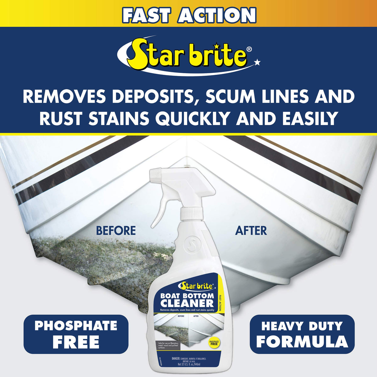 STAR BRITE 092232P STAR BRITE Heavy Duty Boat Bottom Cleaner - Removes Deposits & Stains, For Fiberglass, Wood, Iron, Painted Surfaces, 32oz Spray (092232P)