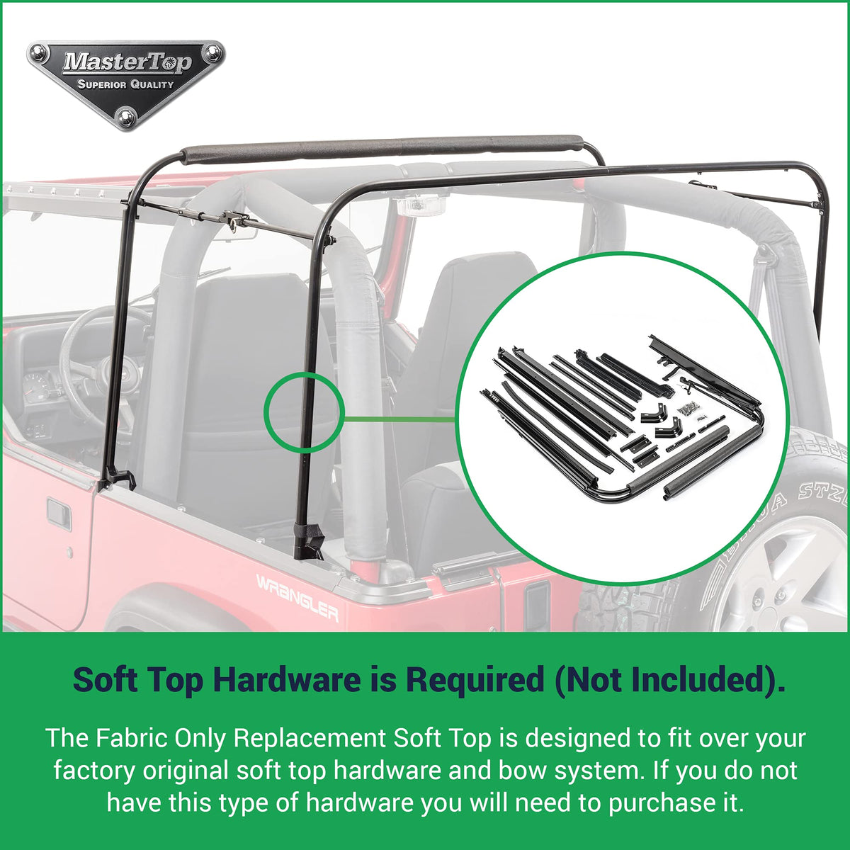 MASTERTOP 15111235 MasterTop Replacement Soft Top Fabric - Fits Jeep Wrangler TJ 1997-2006 - Jeep TJ Soft Top with Removeable Side Quarter & Rear Windows - (Black Diamond, With Upper Door Skins)