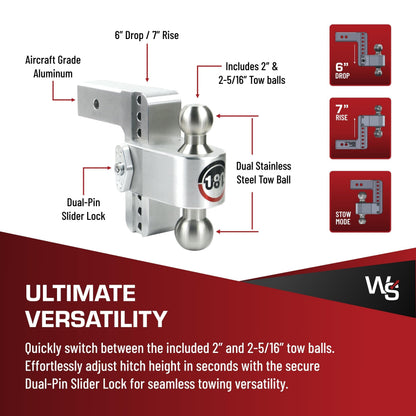 WEIGH SAFE LTB6-2.5-KA Weigh Safe Adjustable Trailer Hitch Ball Mount, 6" Adjustable Drop Hitch for 2.5" Receiver w/ 2 pc Keyed Alike Lock Set, Heavy Duty Aluminum Trailer Tow Hitch w/ Stainless Steel Tow Balls, 18,500 GTW