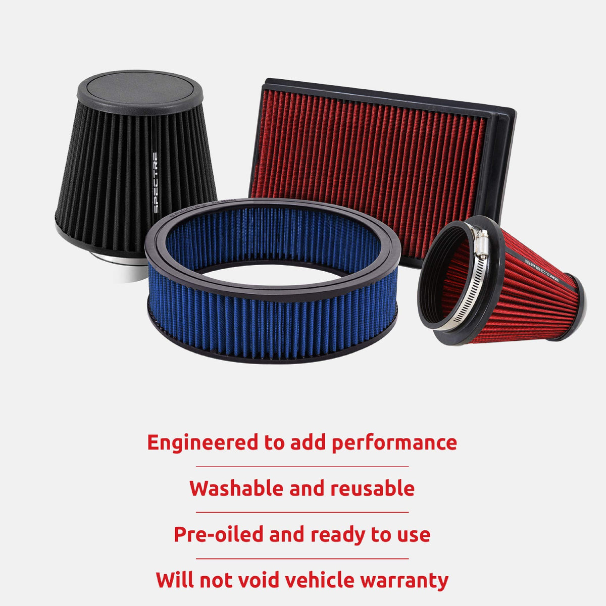 SPECTRE 8162 Spectre Performance Universal Clamp-On Air Filter: High Performance,Washable Filter: Round Tapered,3 in/3.5 in/4 in Flange ID,2.625 in (67 mm) H,6 in (152 mm) Base,4.75 in (121 mm) Top,SPE-8162,Red