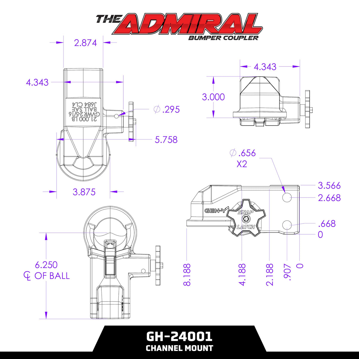 GEN-Y HITCH GH-24001 GEN-Y Hitch Channel Mount Trailer Coupler with SnapLatch for 2 5/16" Ball, 21,000 lbs Towing Capacity, 2,100 lbs Tongue Weight, Made in USA, Black