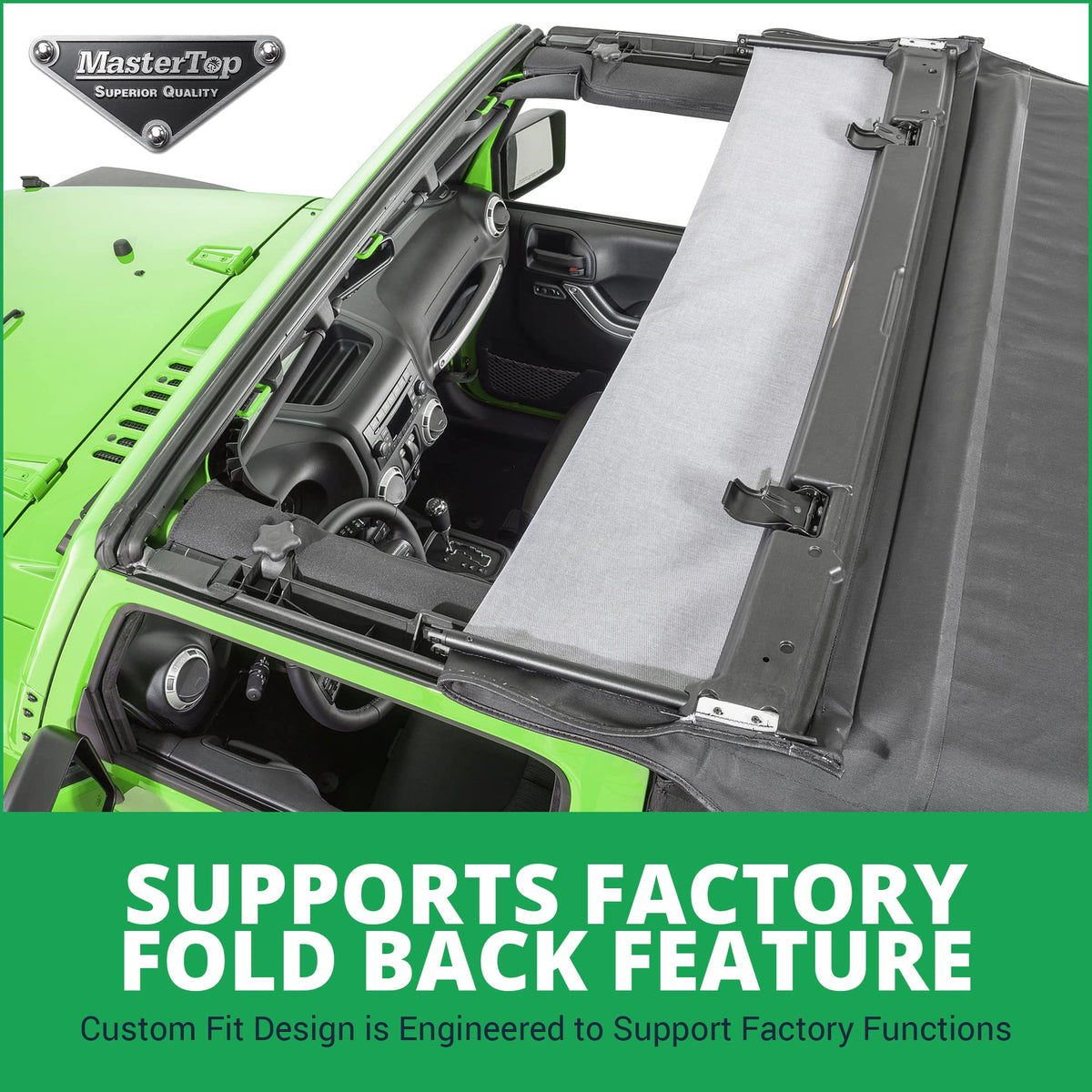 MASTERTOP 15101835 MasterTop Premium Replacement Fabric Only Soft Top - Fits Jeep Wrangler JK 2-Door 2013-2018 - Zip Up Removable Windows - DOT Approved 31% Window Tint - Upgraded Cable Style Design, Black Diamond