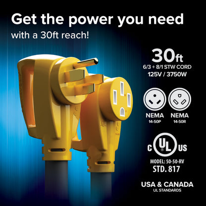CAMCO 55195 Camco Power Grip 30-Ft 50-Amp RV Extension Cord -Rated for 125/250V/12,500W