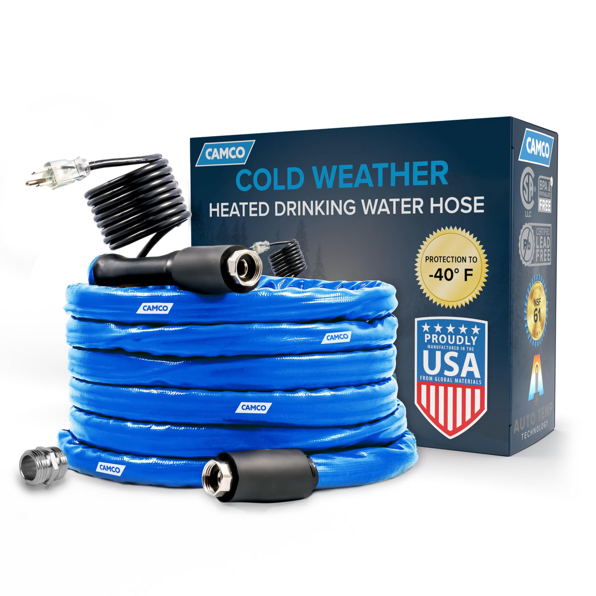 CAMCO 22922 Camco 25-Foot Heated Drinking Water Hose | Features Water Line Freeze Protection Down to -40°F/C & Energy-Saving Thermostat | Includes Adapter for Connection to Either End of Hose (22922)