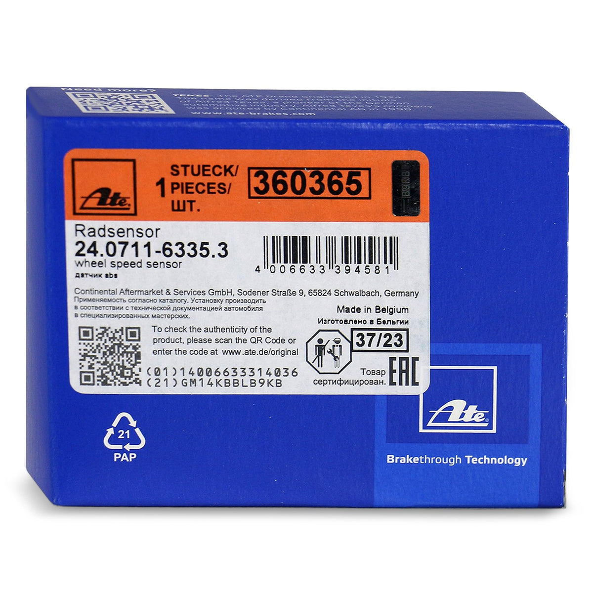 ATE 360365 ATE 24071163353 Sensor, wheel speed