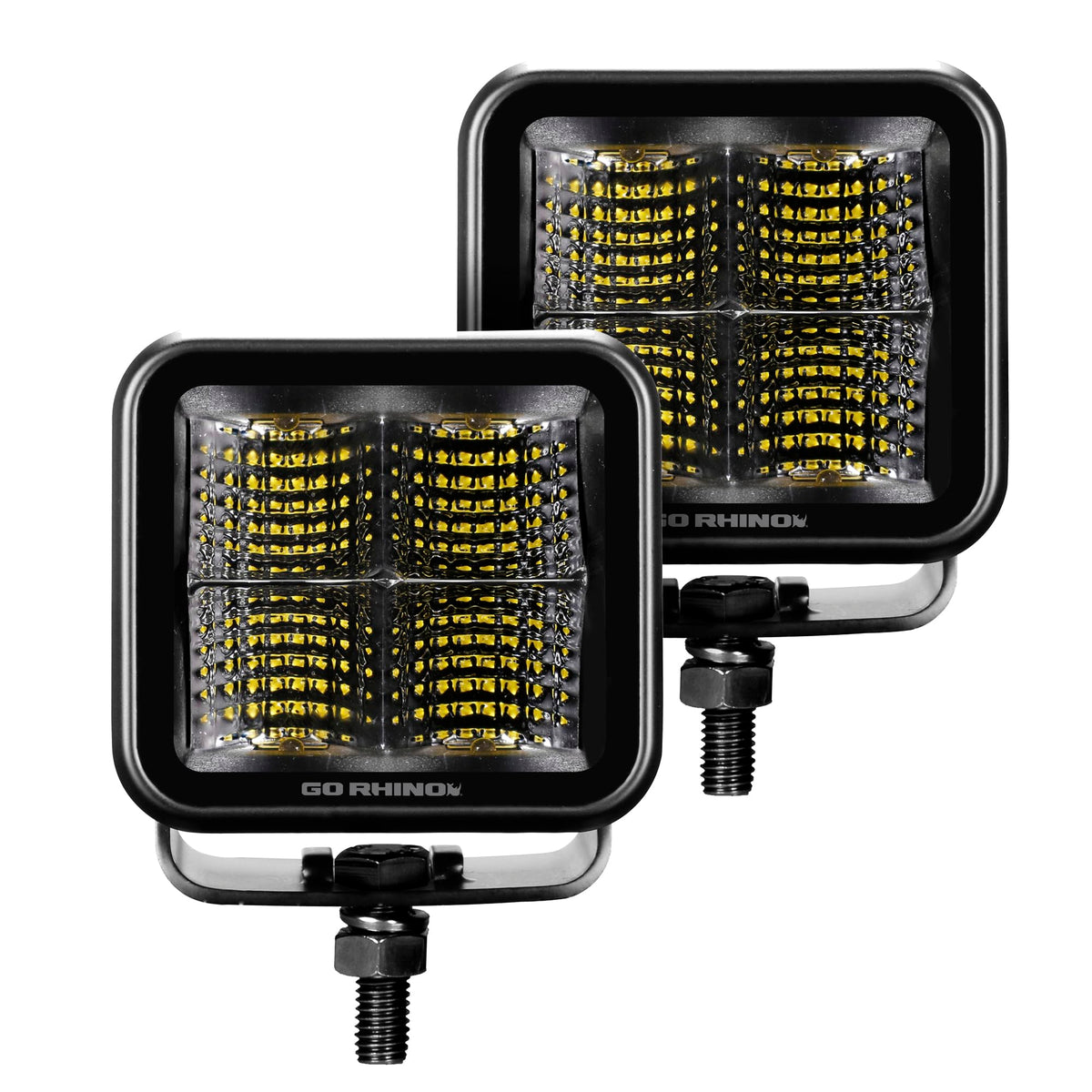 GO RHINO 750400321FCS Go Rhino! Xplor Lighting: Blackout Series 3x3 LED Cube Flood Light Kit (Pair) – Surface Mount (Threaded Stud Mount) Aluminum, Black – 750400321FCS