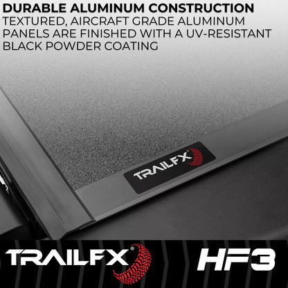 TRAILFX TFX8001 TrailFX Hard Tri-Fold Tonneau Cover Fits 2021-2025 Ford F-150 6.5 Foot Bed Hard Folding Cover 3 Folds 3 Panels Lockable Tailgate Handle Gloss Black Textured Aluminum Clamp-On Installation