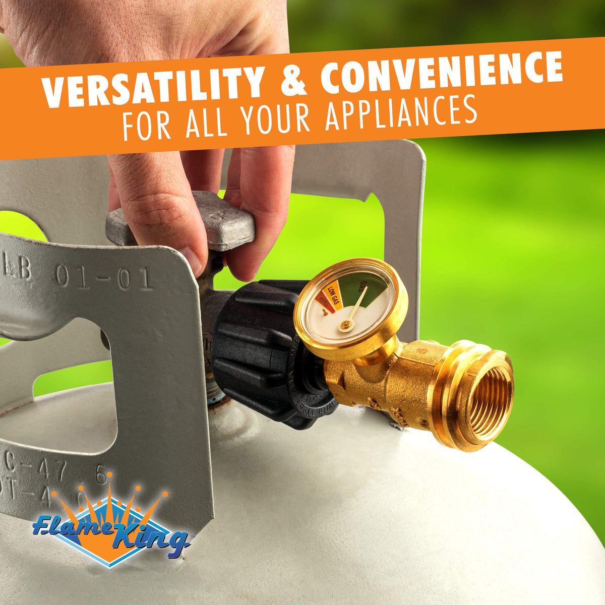 FLAME KING PTC-01 Flame King Propane Tank Gauge Level Indicator Leak Detector Gas Pressure Meter Color Coded & Glow in the Dark Universal for Cylinder, BBQ Gas Grill, RV Camper, Heater and More Appliances, Brass