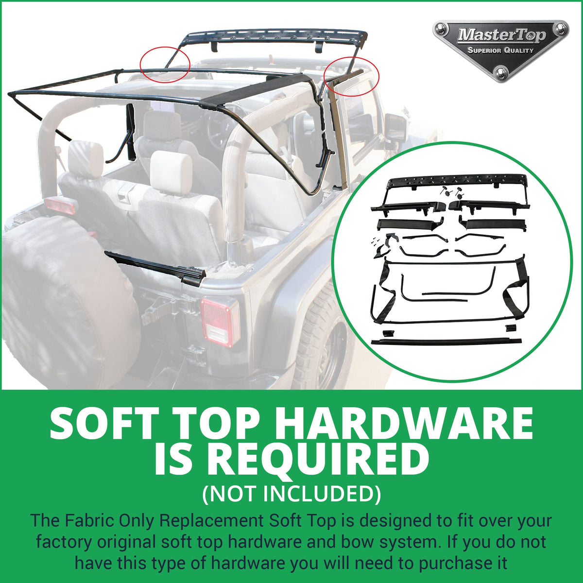 MASTERTOP 15101835 MasterTop Premium Replacement Fabric Only Soft Top - Fits Jeep Wrangler JK 2-Door 2013-2018 - Zip Up Removable Windows - DOT Approved 31% Window Tint - Upgraded Cable Style Design, Black Diamond