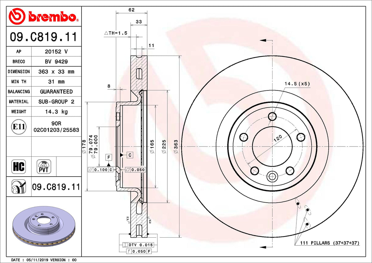 Brembo 09.C819.11 UV Coated Pillar Vented Front Brake Rotor LAND