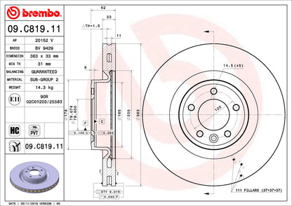 Brembo 09.C819.11 UV Coated Pillar Vented Front Brake Rotor LAND