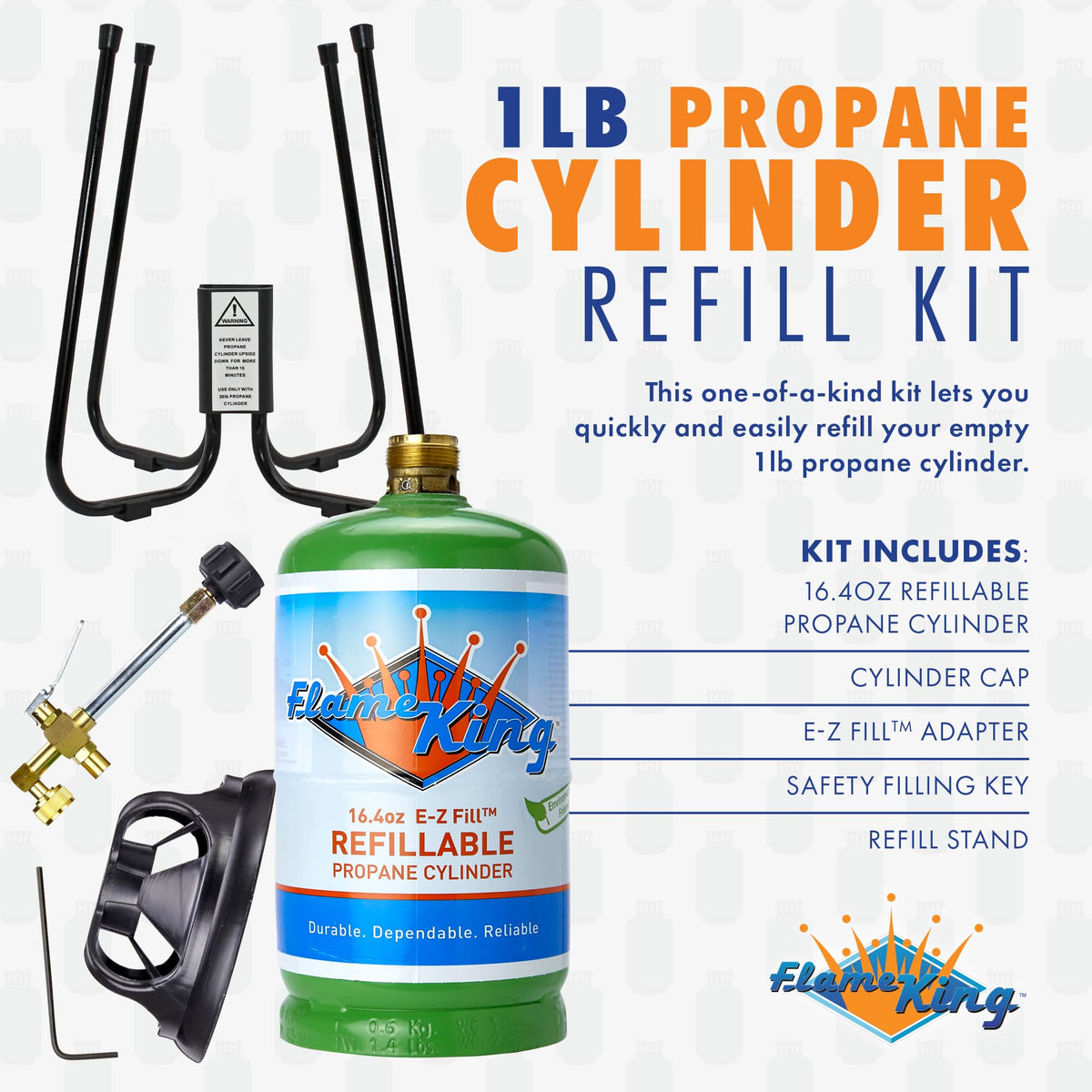 FLAME KING YSN1LBKT Flame King Refillable 1LB Empty Propane Cylinder Tank with Refill Kit and CGA600 Connection - Reusable, Safe and Legal Refill Option, DOT Compliant